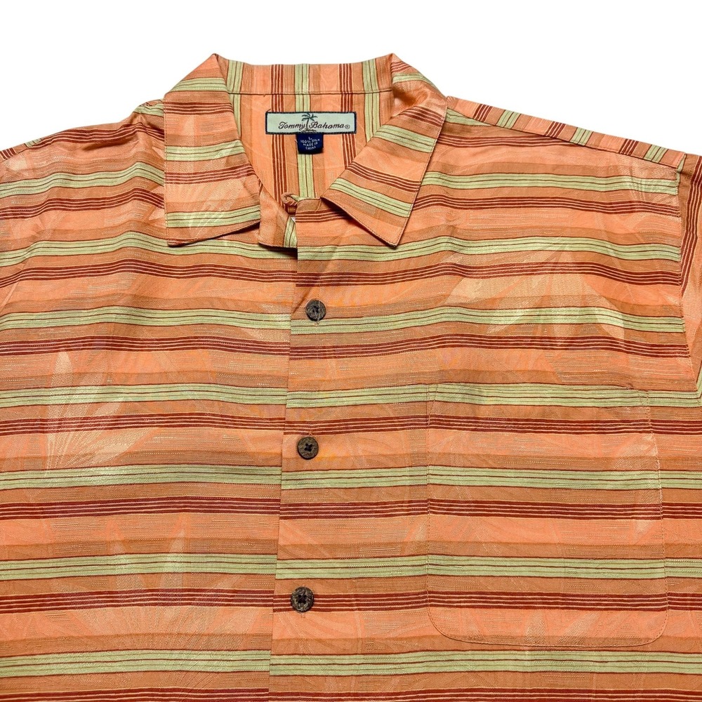 Tommy Bahama Shirt Mens Large Orange Silk Stripe Tropical Floral Summer Beach SS